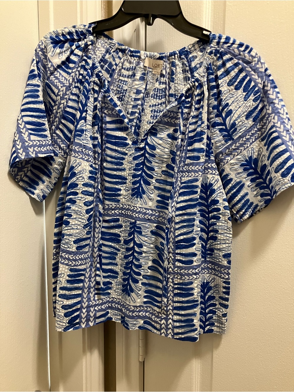 LOFT Blue & White Printed Smocked Peasant Blouse